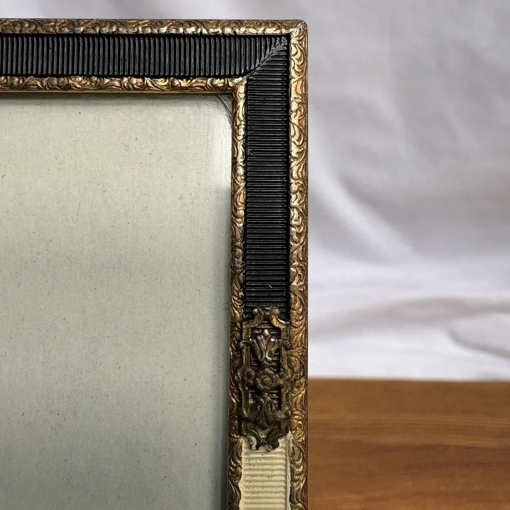 Vintage Brass Tone 5x7 Picture Frame Black & White Ribbon Trim Glass Easel Back